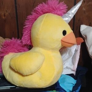 Yellow Plush Unicorn Duck Toy with Pink Mane and Silver Horn